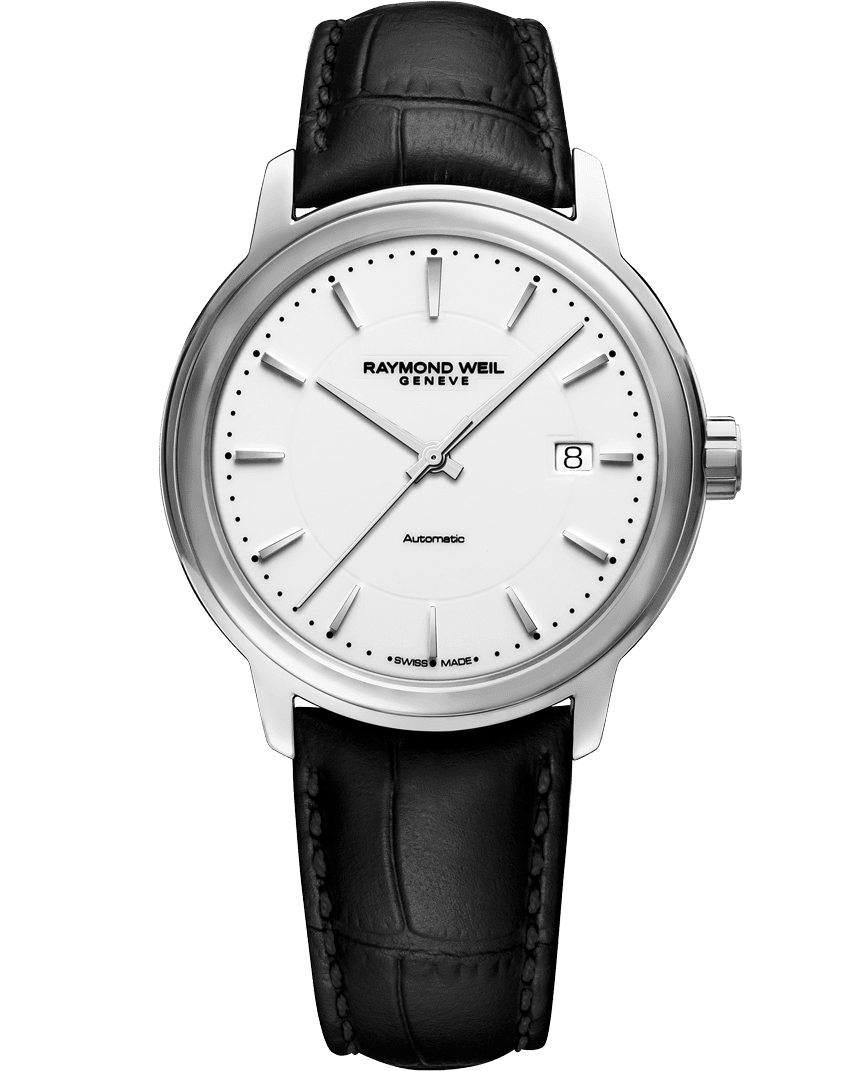 White Dial Black Leather Steel Watch 