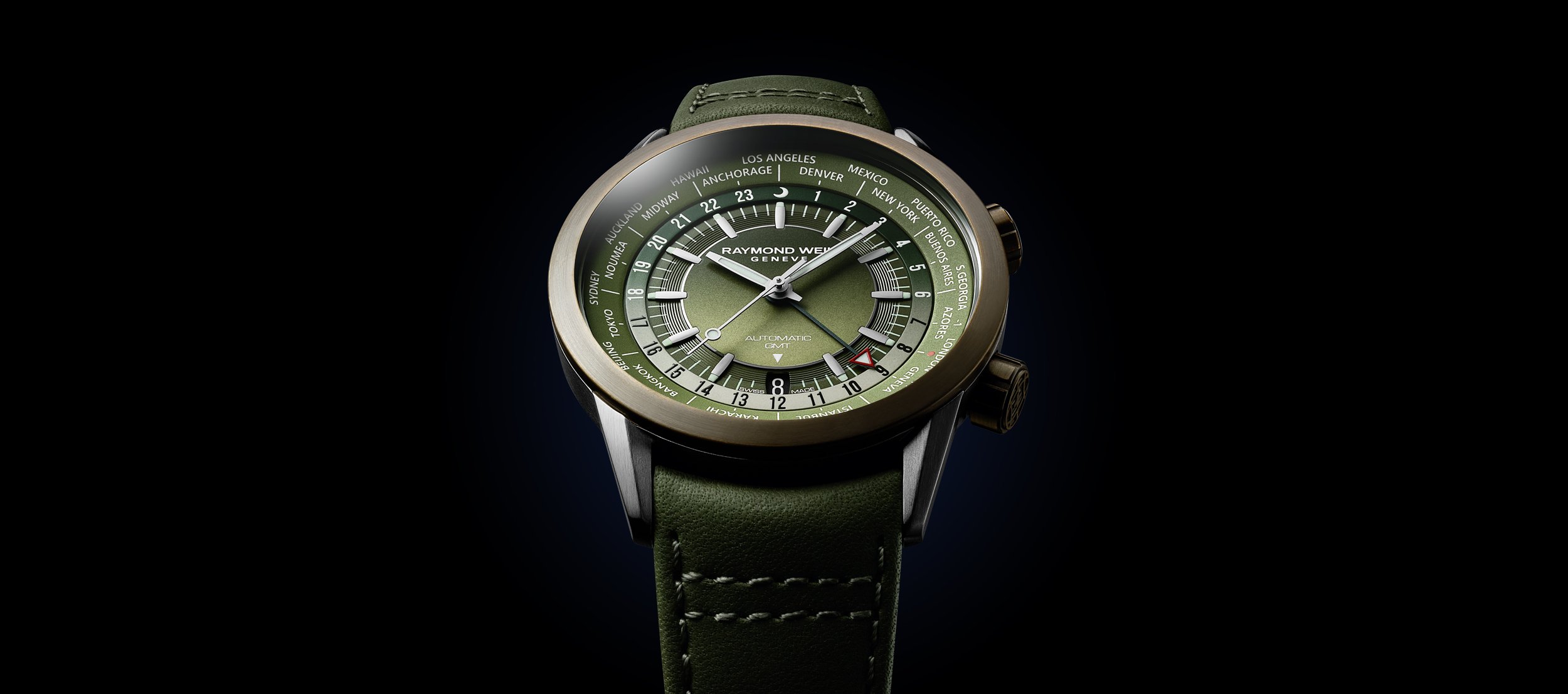 GMT Worldtimer Green Leather Watch - Freelancer | RAYMOND WEIL