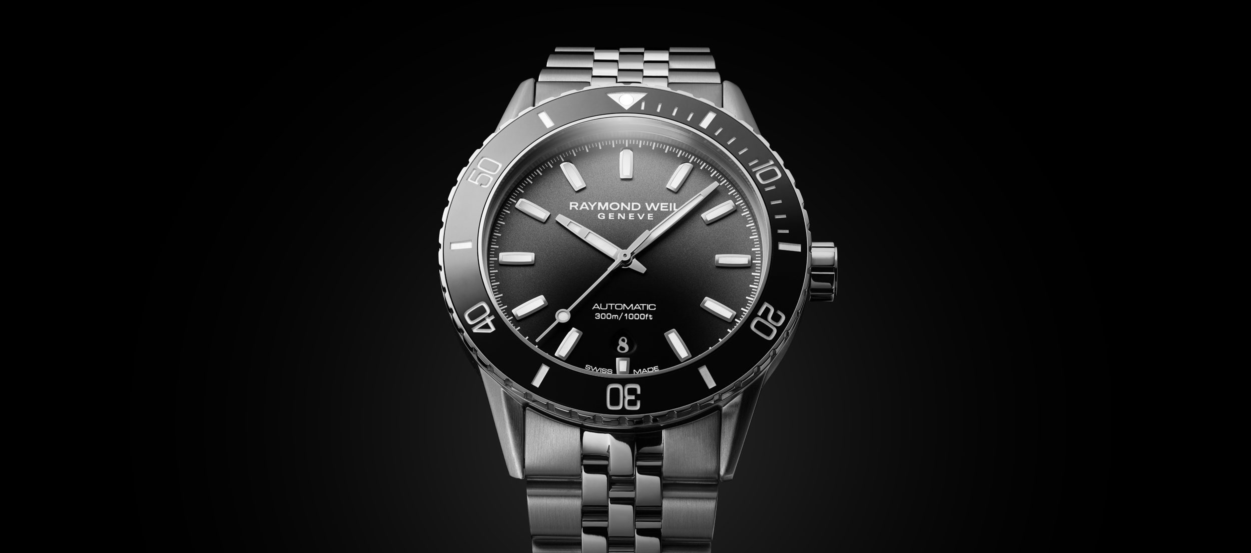 Black Dial Automatic Diving Watch With Stainless Steel Bracelet Freelancer RAYMOND WEIL